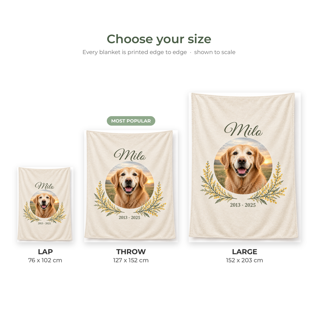 Pet memorial blanket size guide shown to scale: Lap 76 x 102 cm, Throw 127 x 152 cm, Large 152 x 203 cm