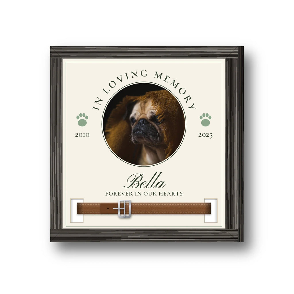 Square 23 x 23 cm personalised pet memorial collar sign with a pug's photo, the name Bella, and a brown leather collar through the slots