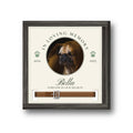 Square 23 x 23 cm personalised pet memorial collar sign with a pug's photo, the name Bella, and a brown leather collar through the slots