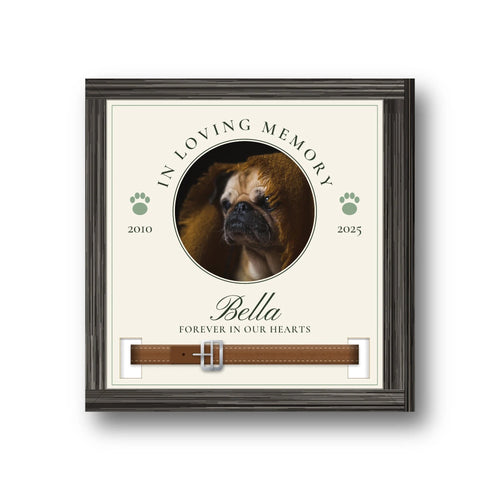 Square 23 x 23 cm personalised pet memorial collar sign with a pug's photo, the name Bella, and a brown leather collar through the slots
