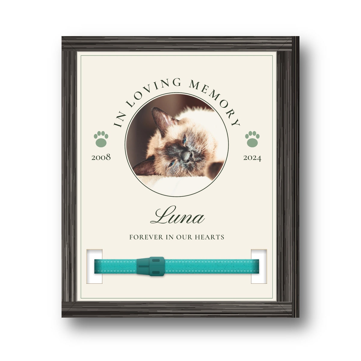 Personalised pet memorial collar sign with a Siamese cat's photo, the name Luna, and a turquoise collar through the slots