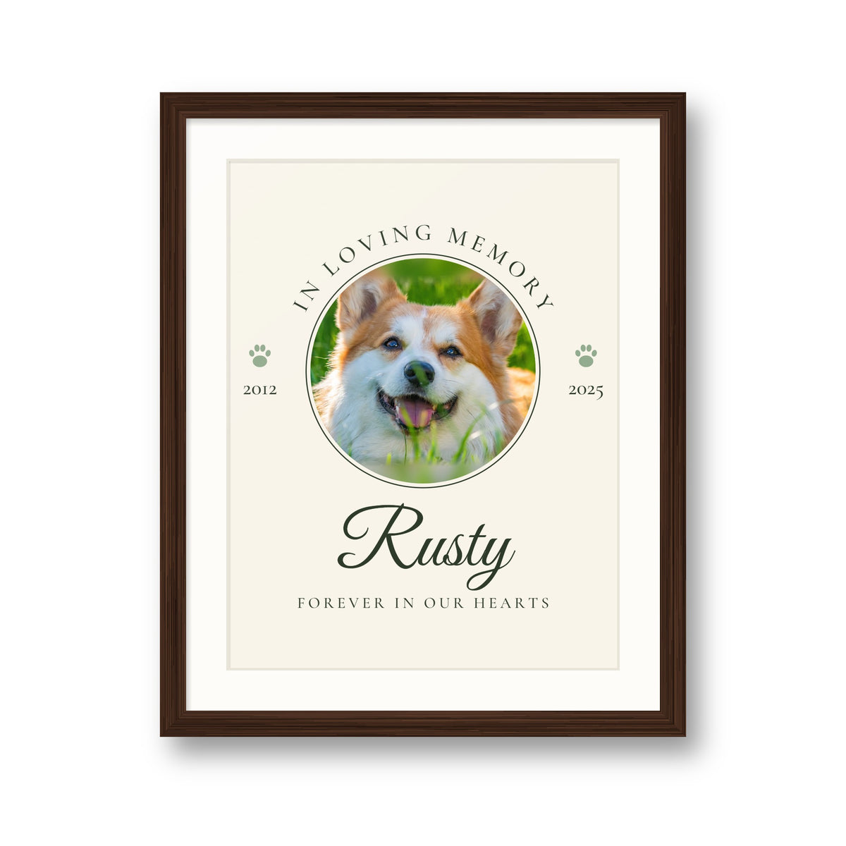 Personalised In Loving Memory pet print in a dark wood frame, with a smiling corgi's photo, the name Rusty and the years 2012 to 2025