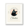 Personalised In Loving Memory pet print in a white frame, with a black cat's photo, the name Shadow and the years 2009 to 2025