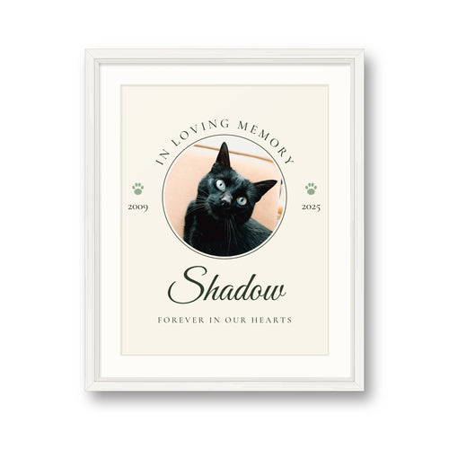 Personalised In Loving Memory pet print in a white frame, with a black cat's photo, the name Shadow and the years 2009 to 2025