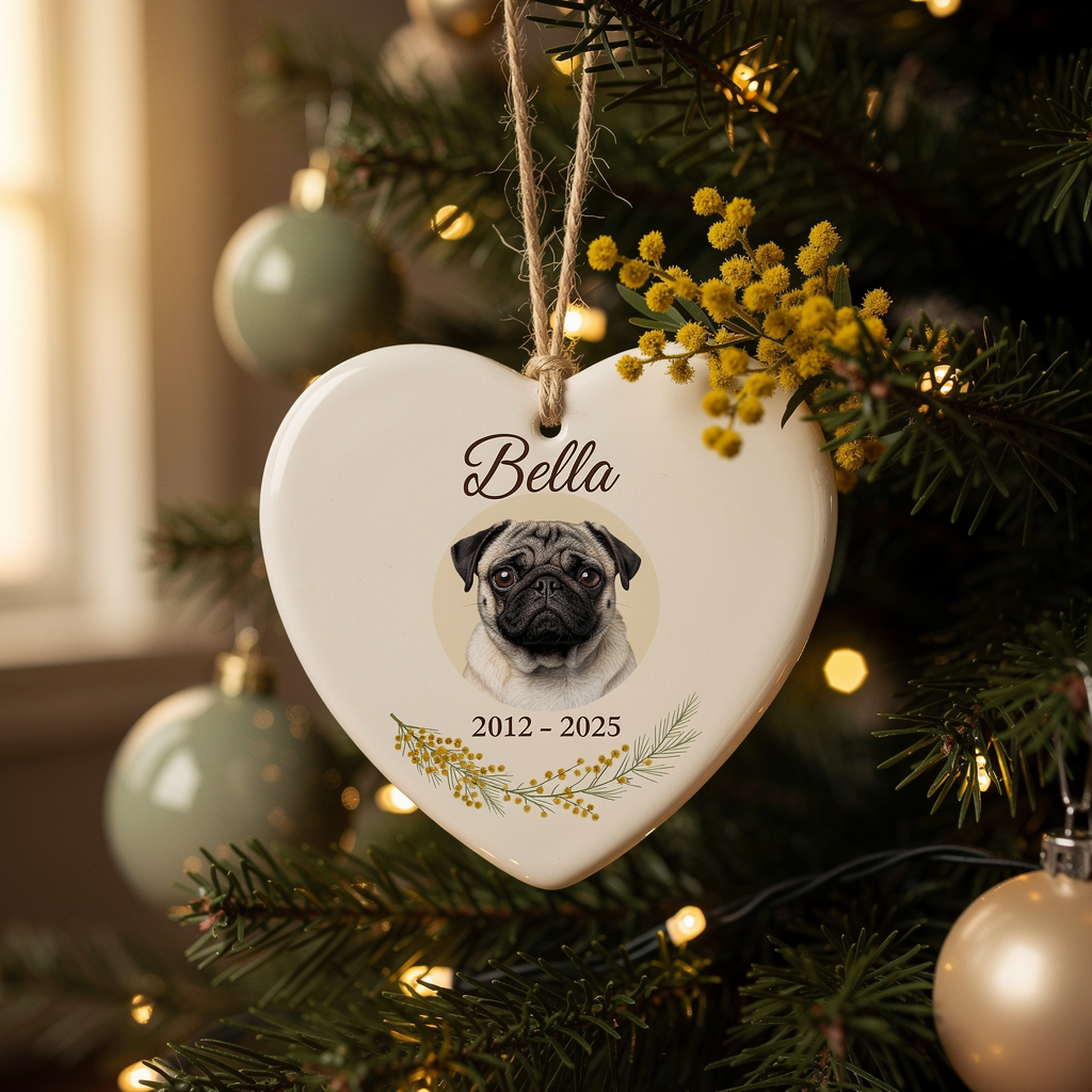 White ceramic heart memorial Christmas ornament with a pug's photo, the name Bella and the years 2012 to 2025, hanging on a Christmas tree beside a sprig of golden wattle