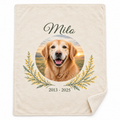 Personalised pet memorial blanket laid flat on white, printed edge to edge in cream with a golden retriever photo, the name Milo, golden wattle and the years 2013 to 2025, corner turned to show the sherpa back
