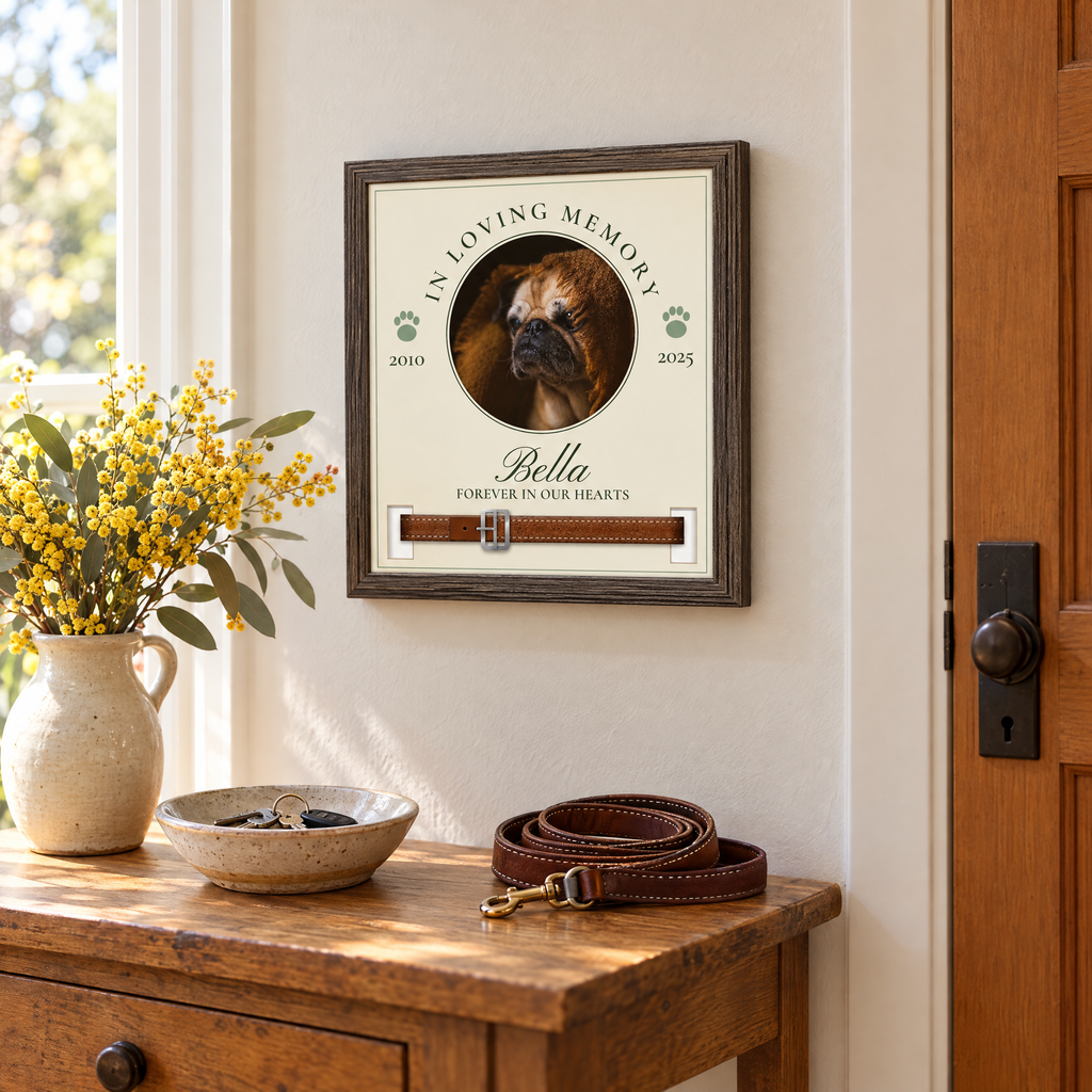 Personalised pet memorial collar sign for Bella with her brown leather collar, hanging in a hallway beside the front door